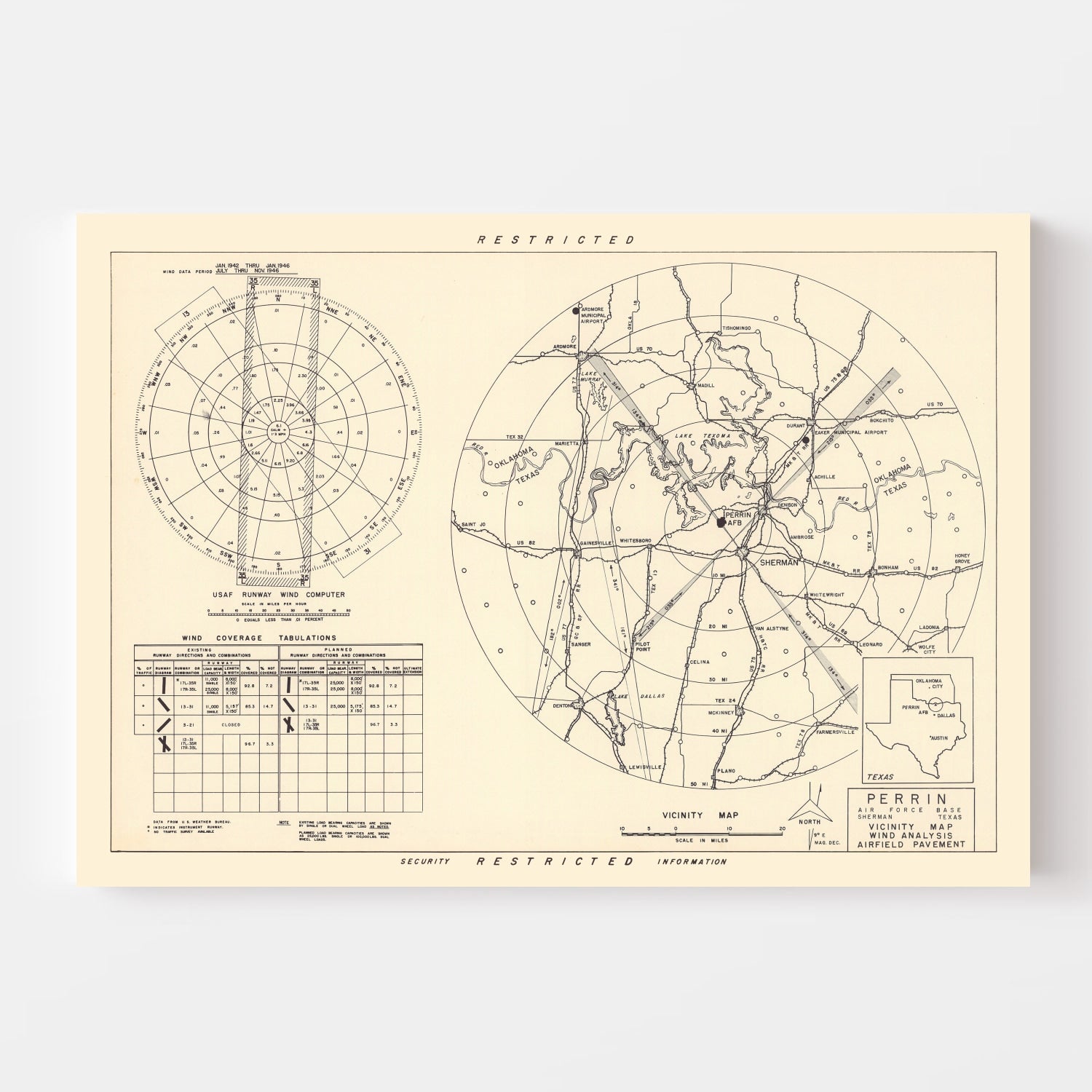 Vintage Map of the Perrin Air Force Base Vicinity, 1952