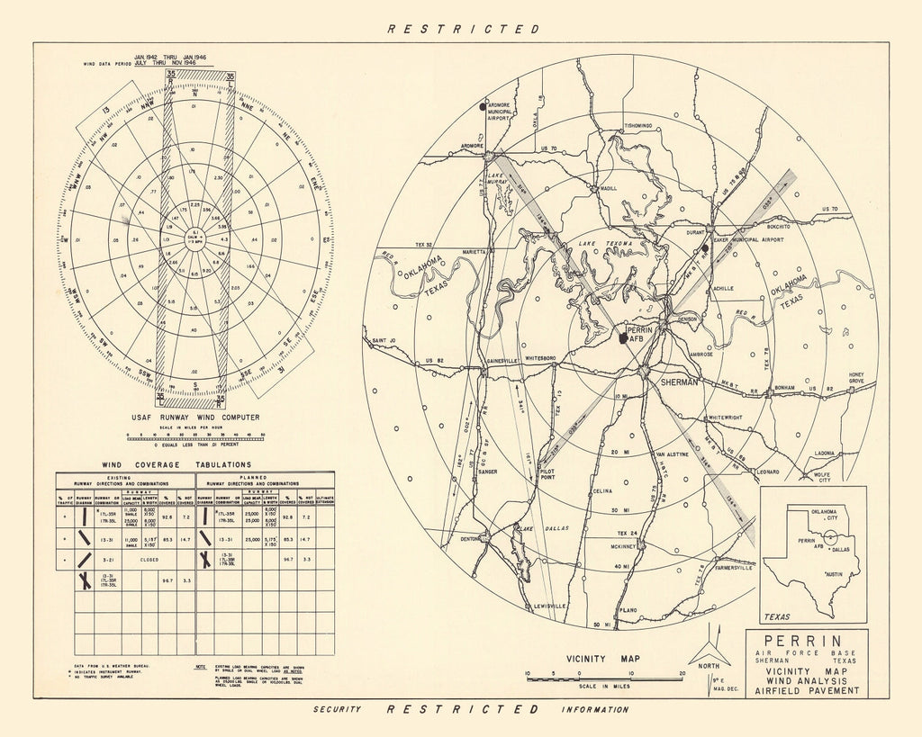 Vintage Map of the Perrin Air Force Base Vicinity, 1952