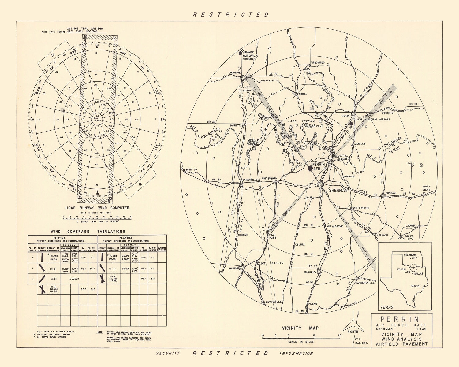 Vintage Map of the Perrin Air Force Base Vicinity, 1952