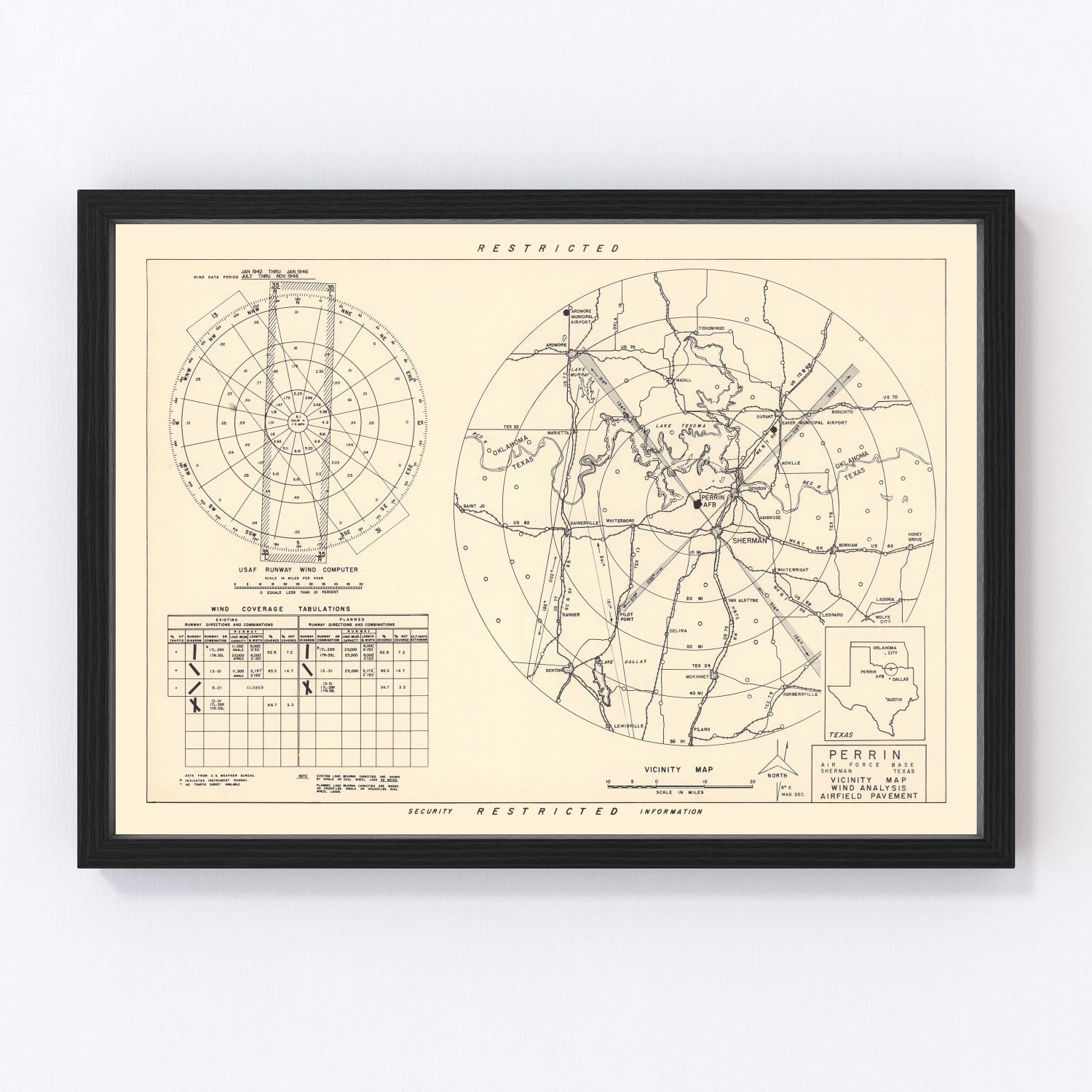 Vintage Map of the Perrin Air Force Base Vicinity, 1952