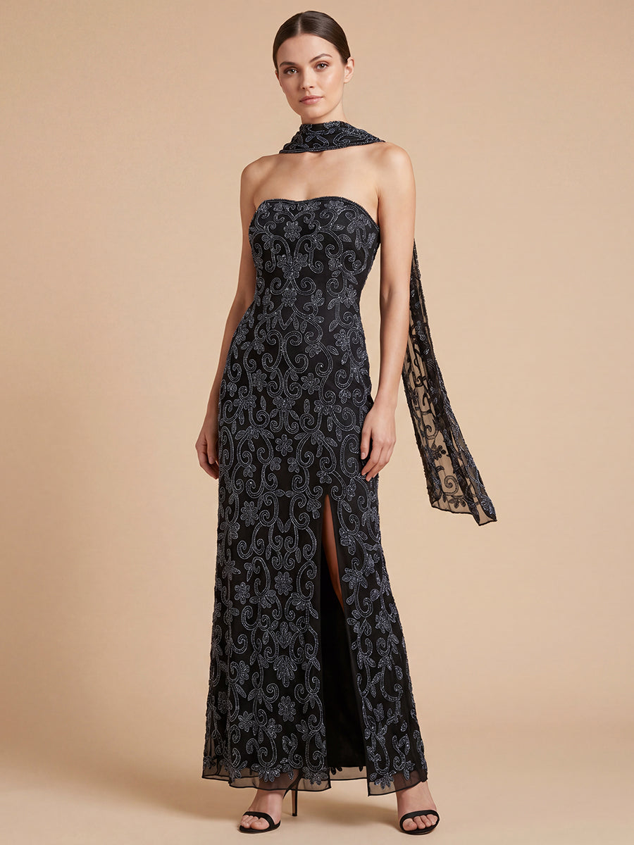 Strapless Beaded Gown with Scarf | Lara 9916