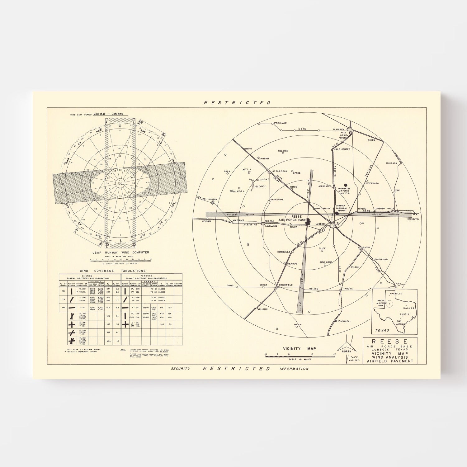 Vintage Map of the Reese Air Force Base Vicinity, 1952