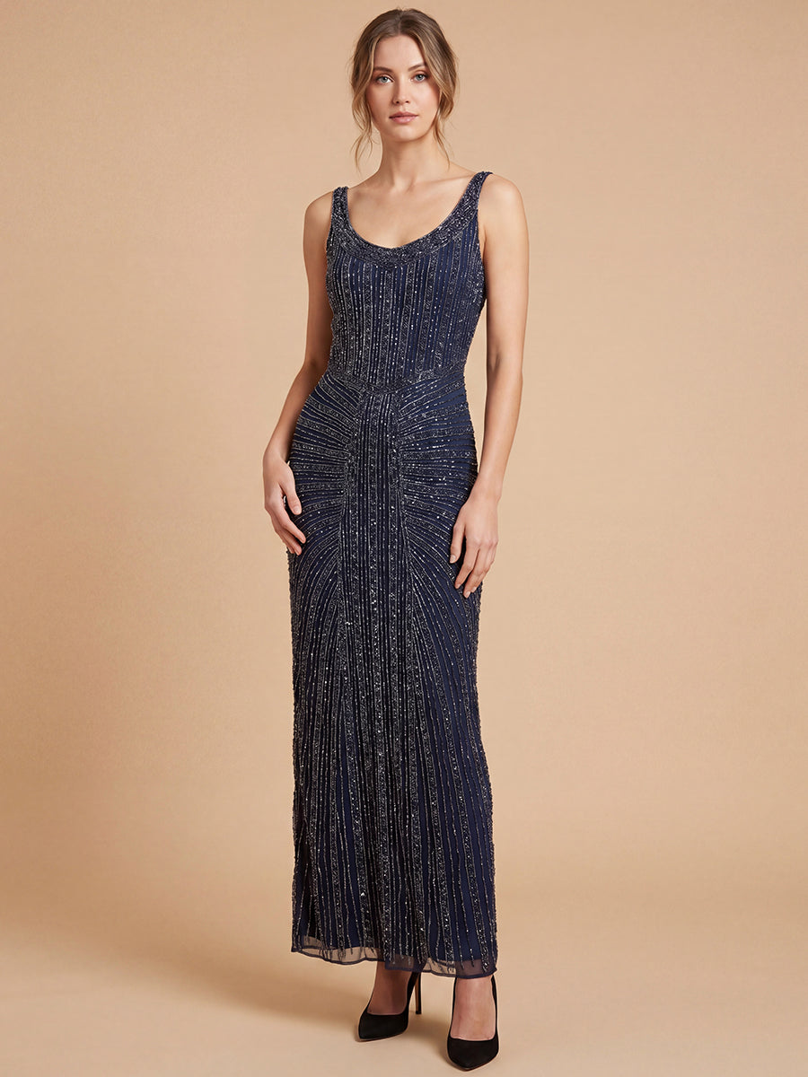 Beaded Subtle V-Neck Gown | Lara 9920