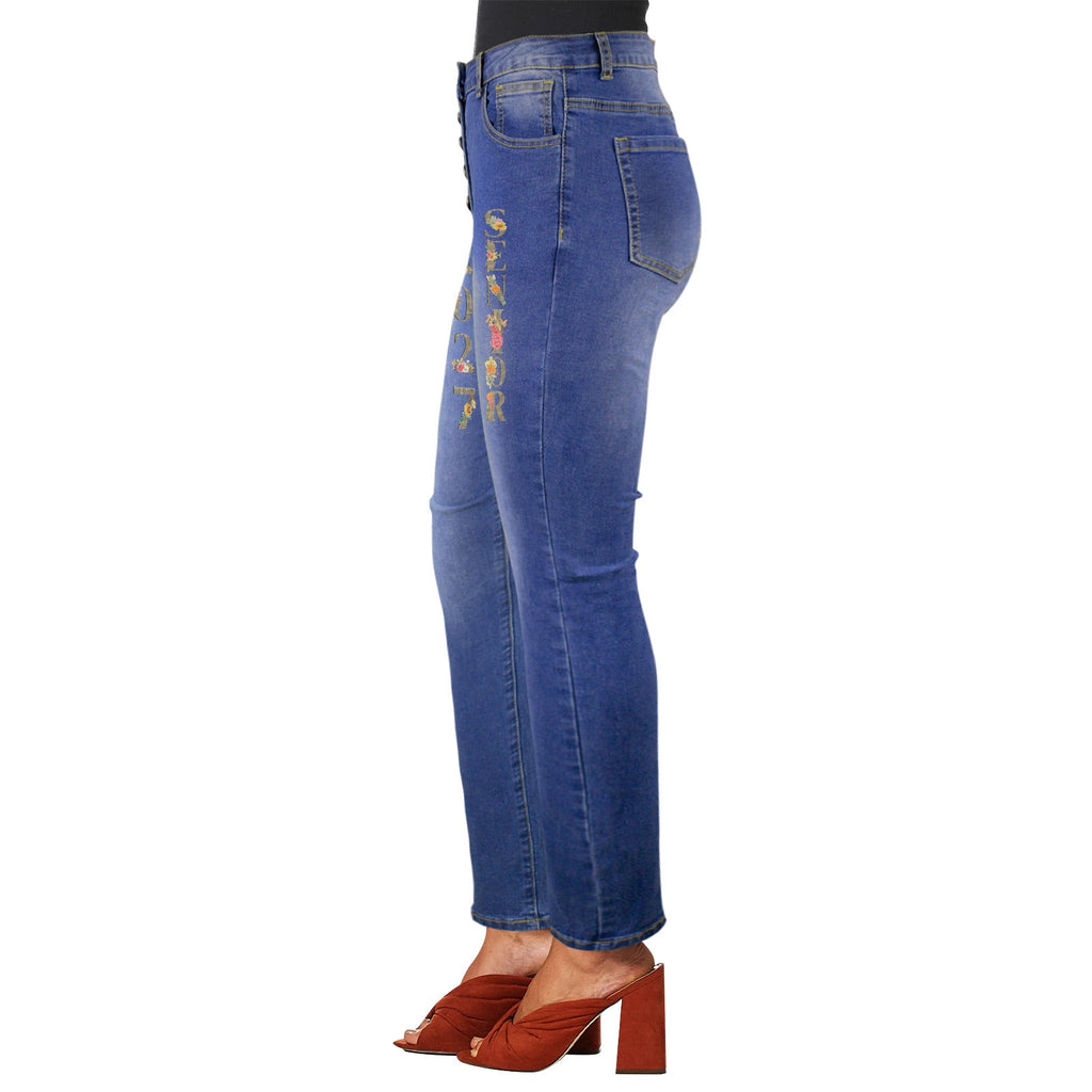 Women's 2027 Senior Floral Decorated Jeans with Front Printing