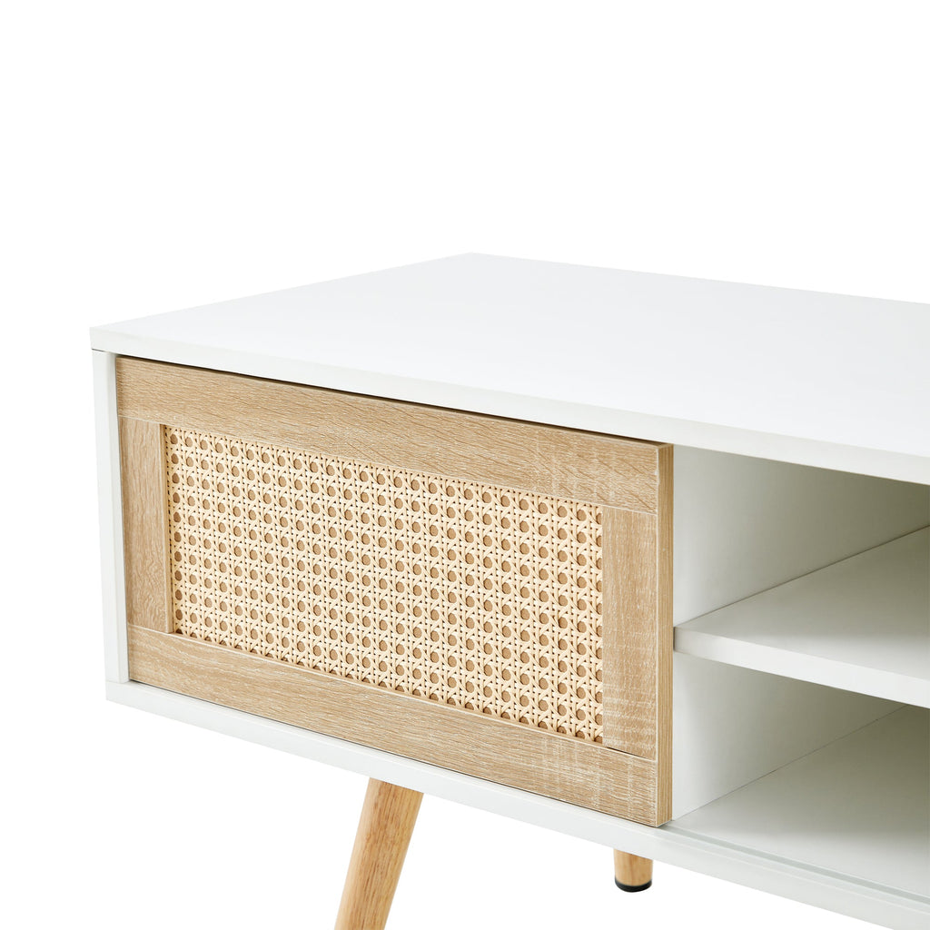 Modern Rattan TV Cabinet with Double Sliding Doors, Adjustable Shelf, Solid Wood Legs, White, 55.12 inches