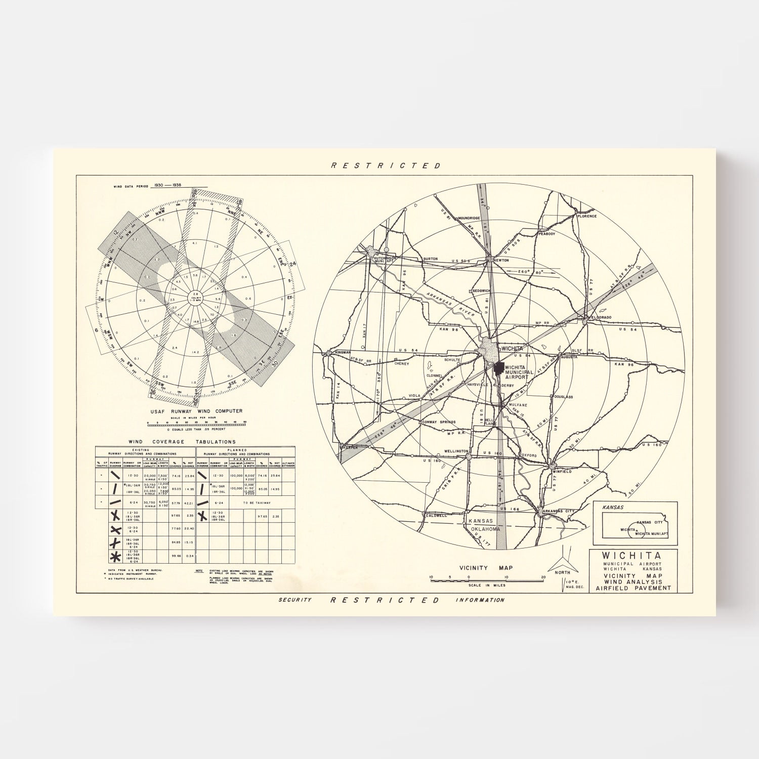 Vintage Map of the Wichita Municipal Airport Vicinity, 1952