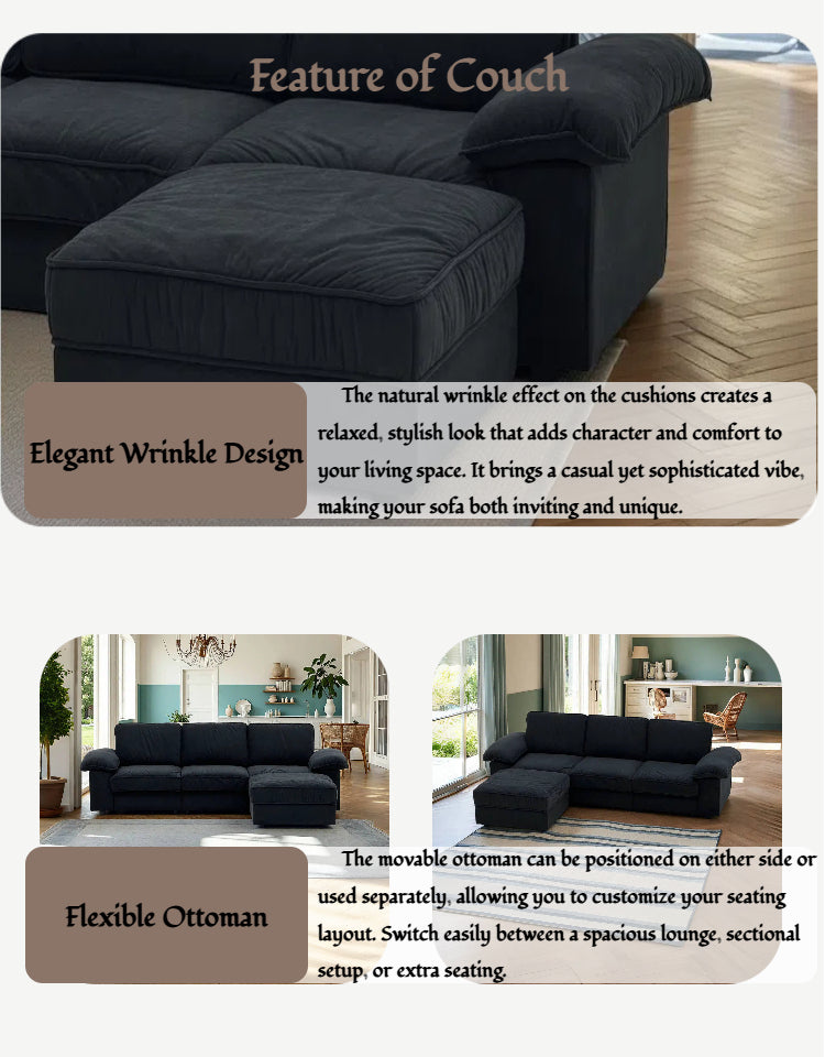 FX-P20M-3S0-BK (3S&Ottoman SOFA)105.5inch Upholstered L-Shaped Sectional Sofa with Storage , Modern Fabric Couch with Deep Cushions, Space-Saving Sofa for Apartment & Living Room