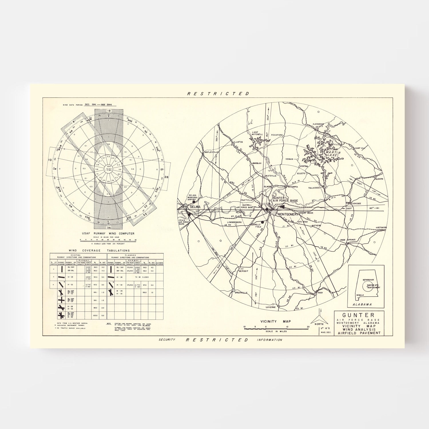 Vintage Map of the Gunter Air Force Base Vicinity, 1952