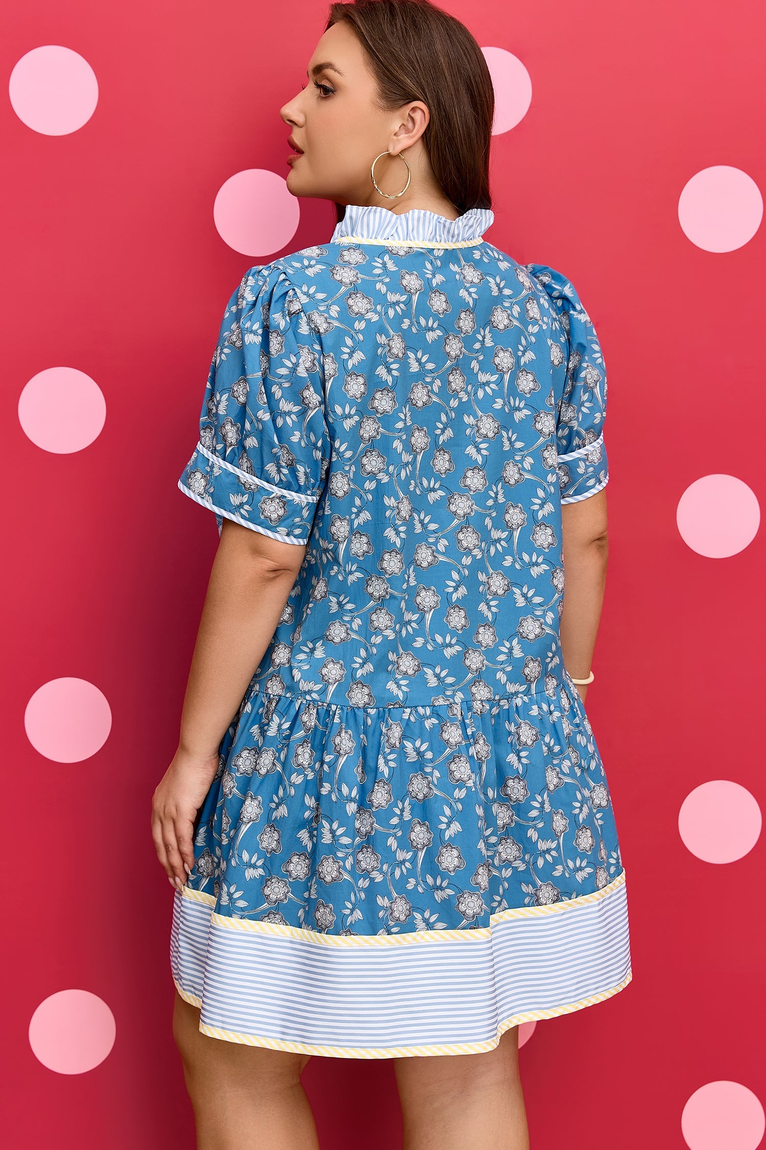 Plus Size Floral Stripe Patchwork Ruffle Dress