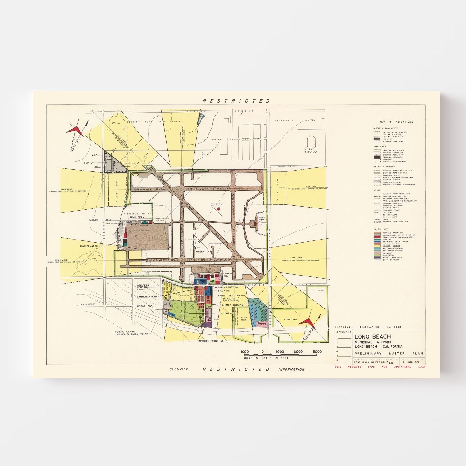 Vintage Map of Long Beach Municipal Airport, 1952