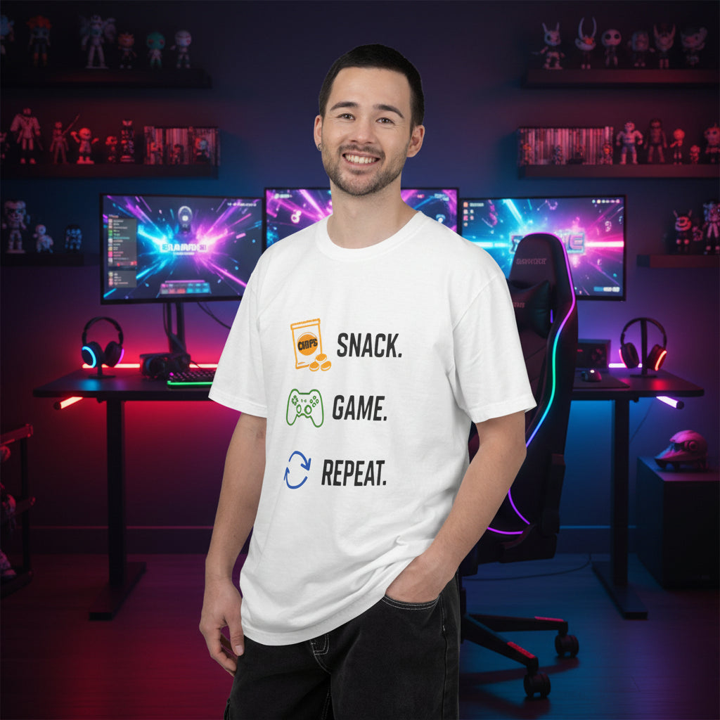 "Snack. Game. Repeat." Graphic Tee for Gamers