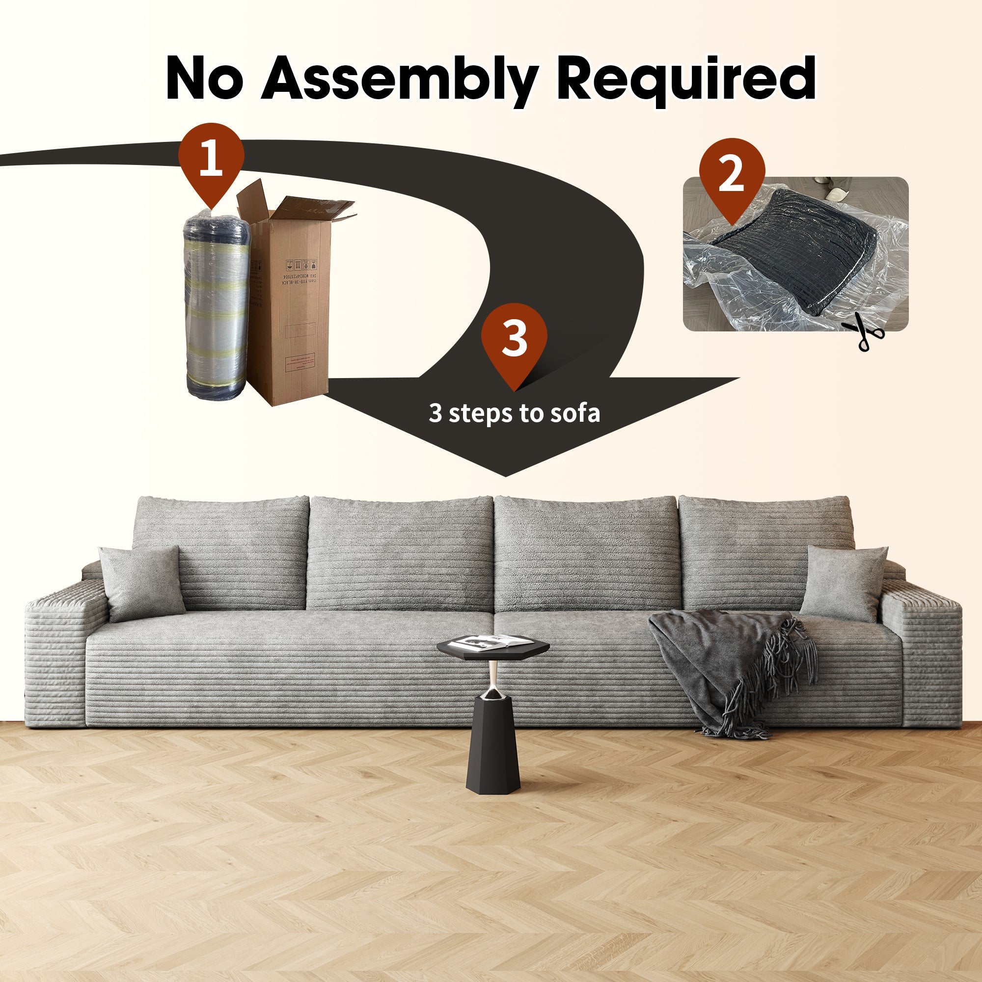 140' Cloud Sectional Couch,Modern Modular Sofa with Deep Seat, Upholstered Couches for Living Room Bedroom,No Assembly Required,Grey(Plush Corduroy Fabric)
