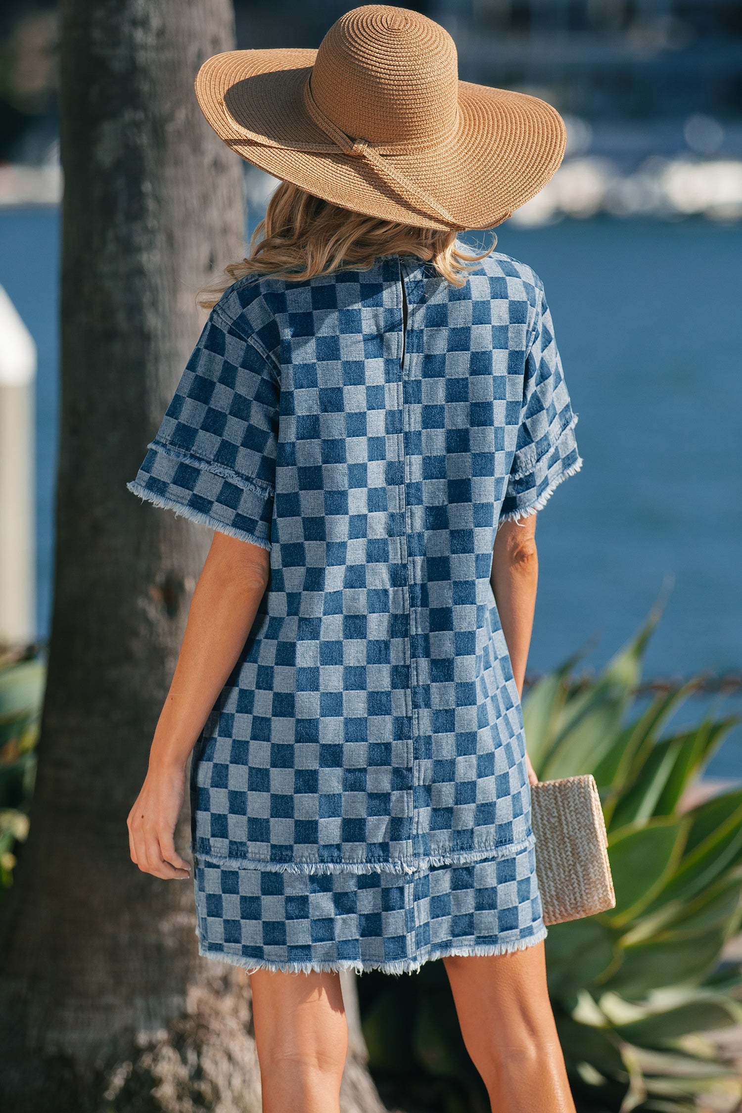 Checker Denim Frayed Hem Mini Dress