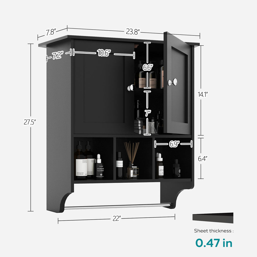 Rokach Bathroom Cabinet with Ample Storage in Black Particle Board, 27.5 x 23.8 x 7.8 inches