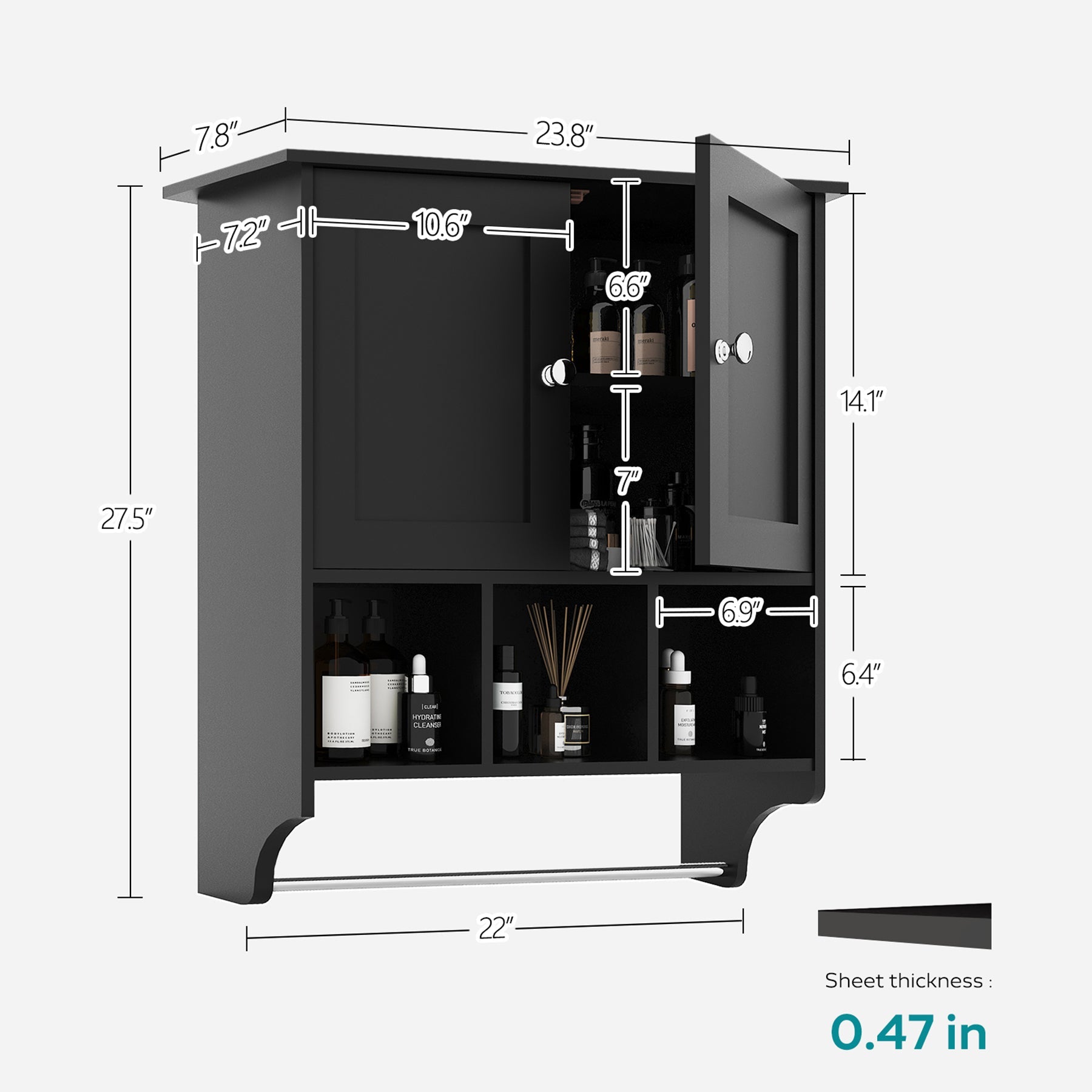 Rokach Bathroom Cabinet with Ample Storage in Black Particle Board, 27.5 x 23.8 x 7.8 inches