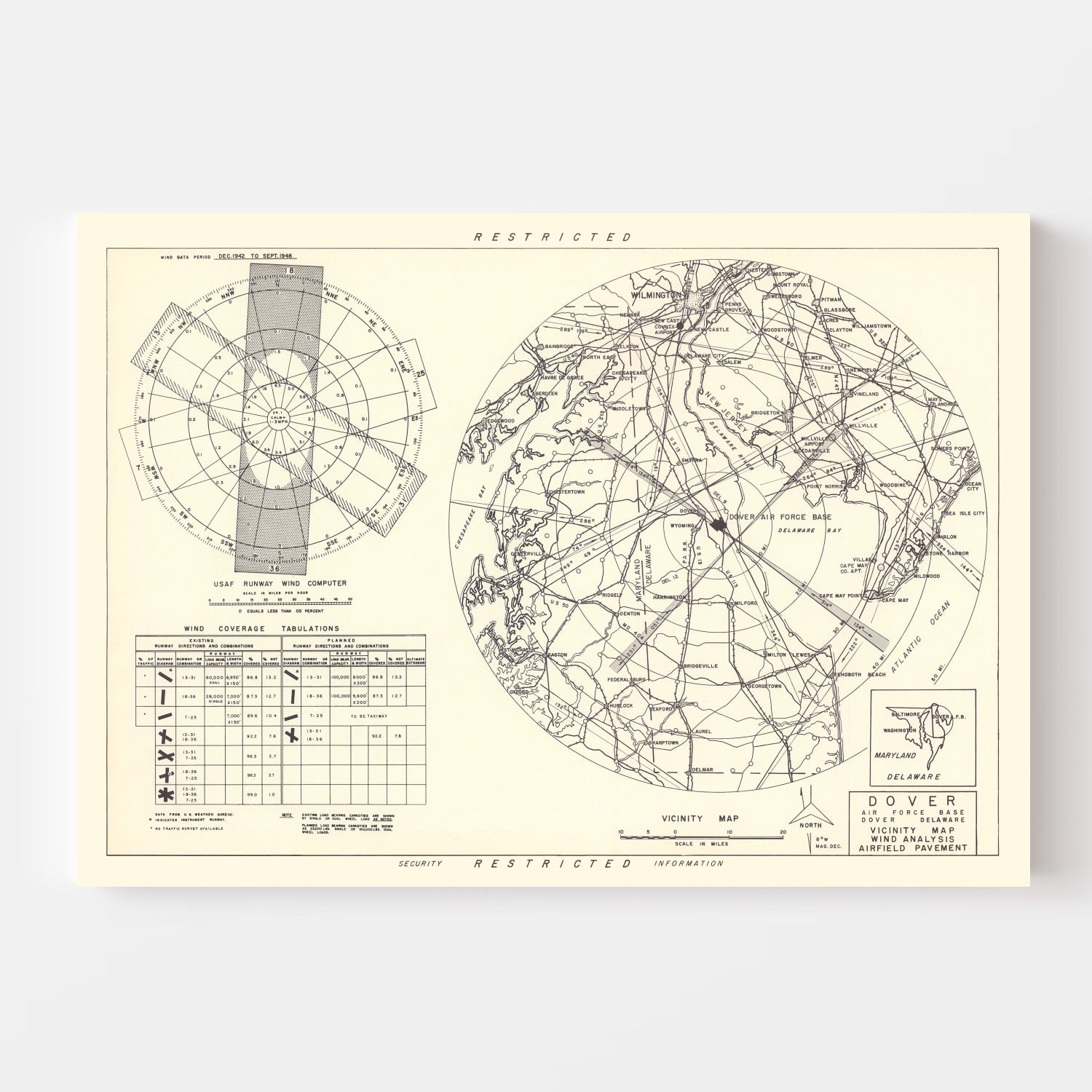 Vintage Map of the Dover Air Force Base Vicinity, 1952