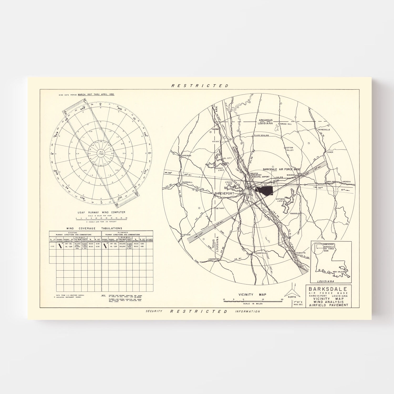 Vintage Map of the Barksdale Air Force Base Vicinity, 1952
