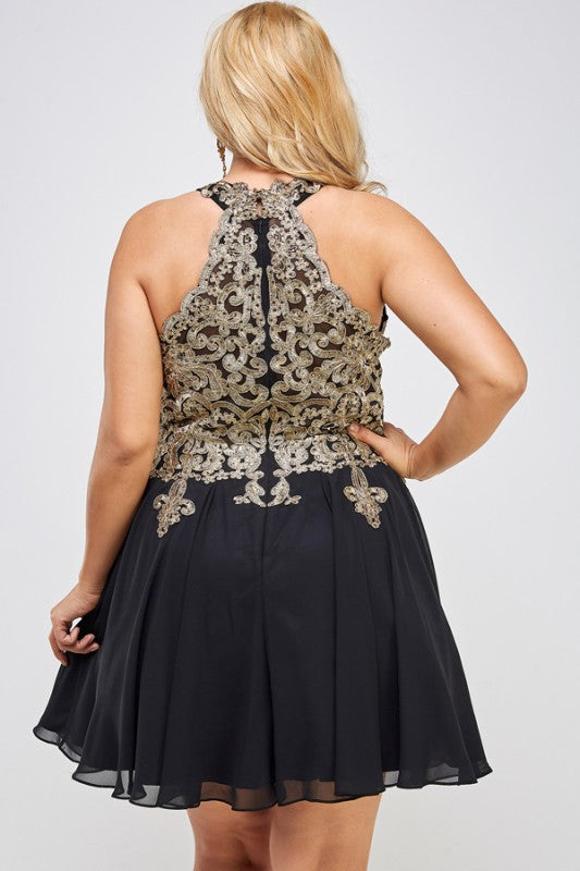 Gold embroidered plus size chiffon dress with built in tulle