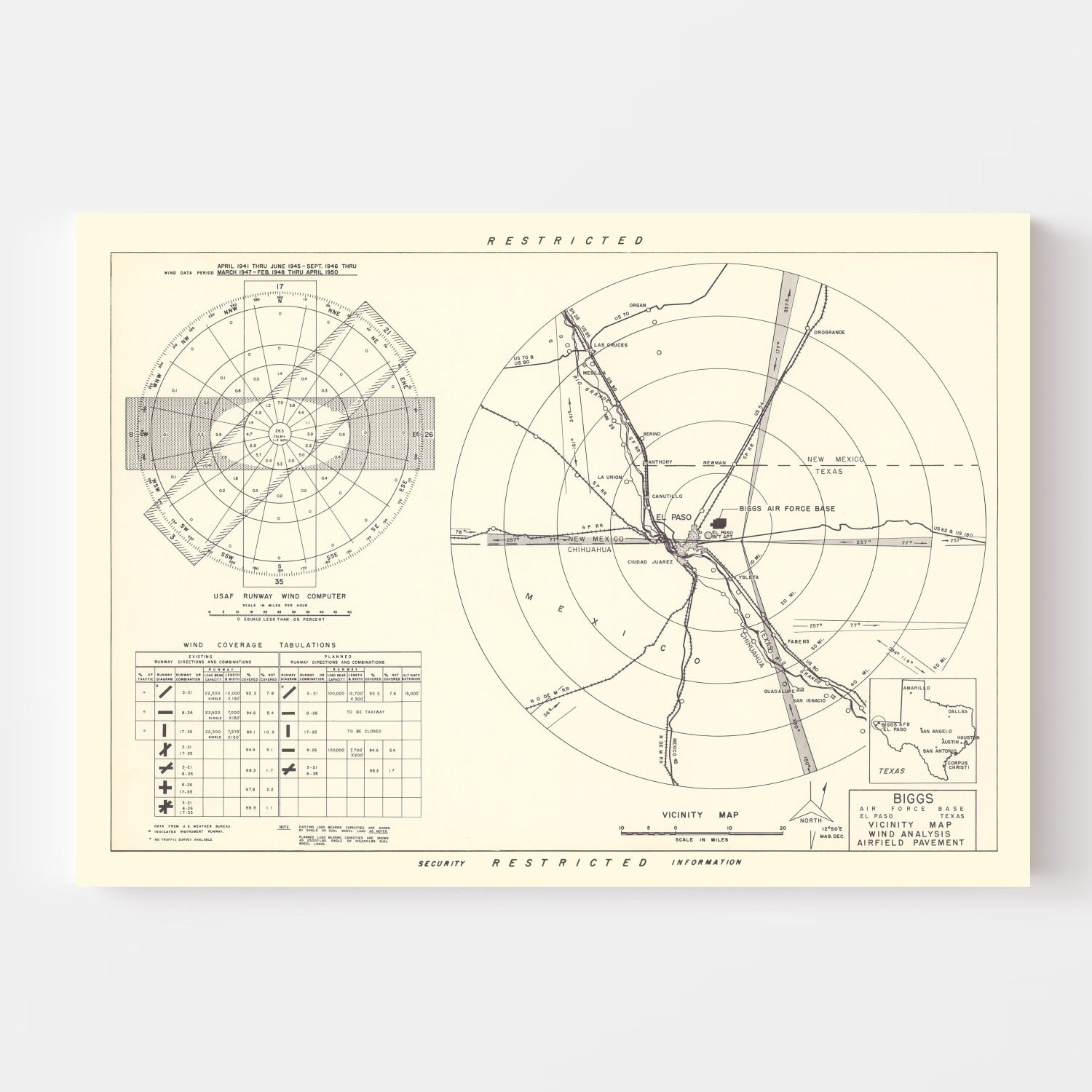 Vintage Map of the Biggs Air Force Base Vicinity, 1951