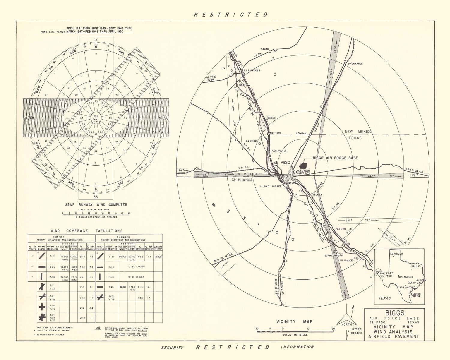 Vintage Map of the Biggs Air Force Base Vicinity, 1951