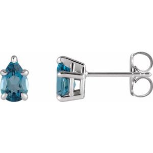 14K White Gold Natural London Blue Topaz 5-Prong Claw Stud Earrings