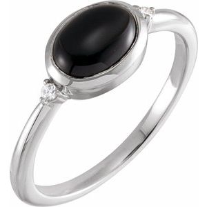14K White Gold 8x6 mm Round Natural Black Onyx & .03 CTW Natural Diamond Ring