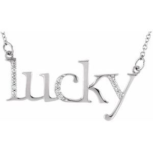 14K White Gold .06 CTW Natural Diamond "Lucky" Phrase 16 1/2" Necklace
