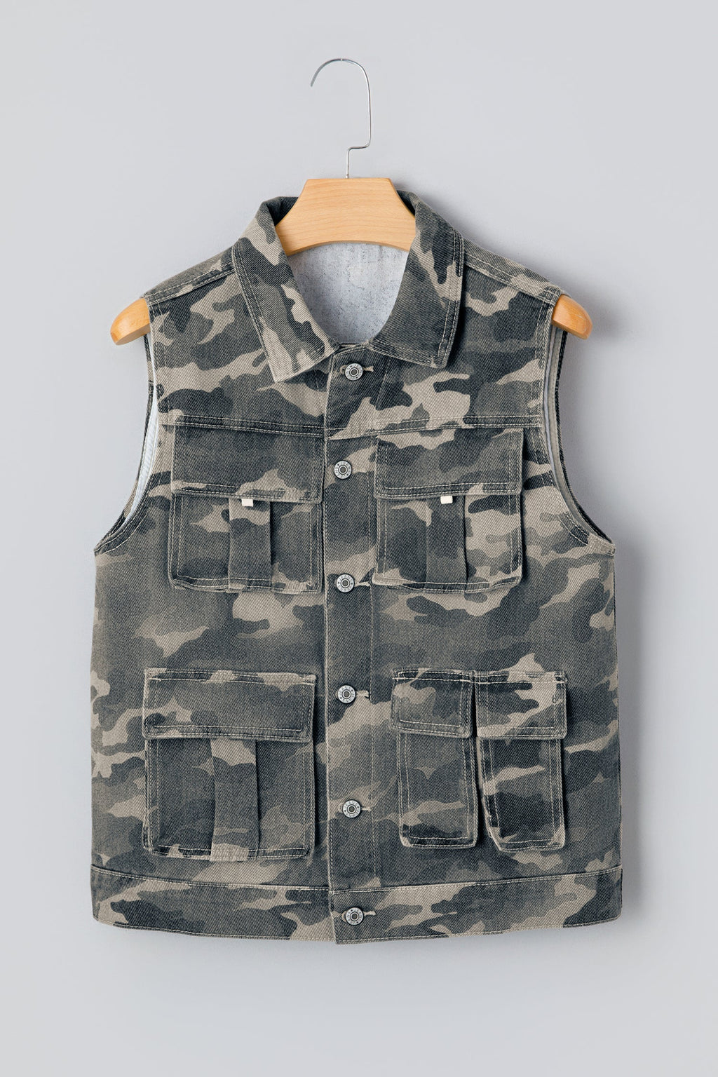 Camo Denim Cargo Pocket Buttoned Vest