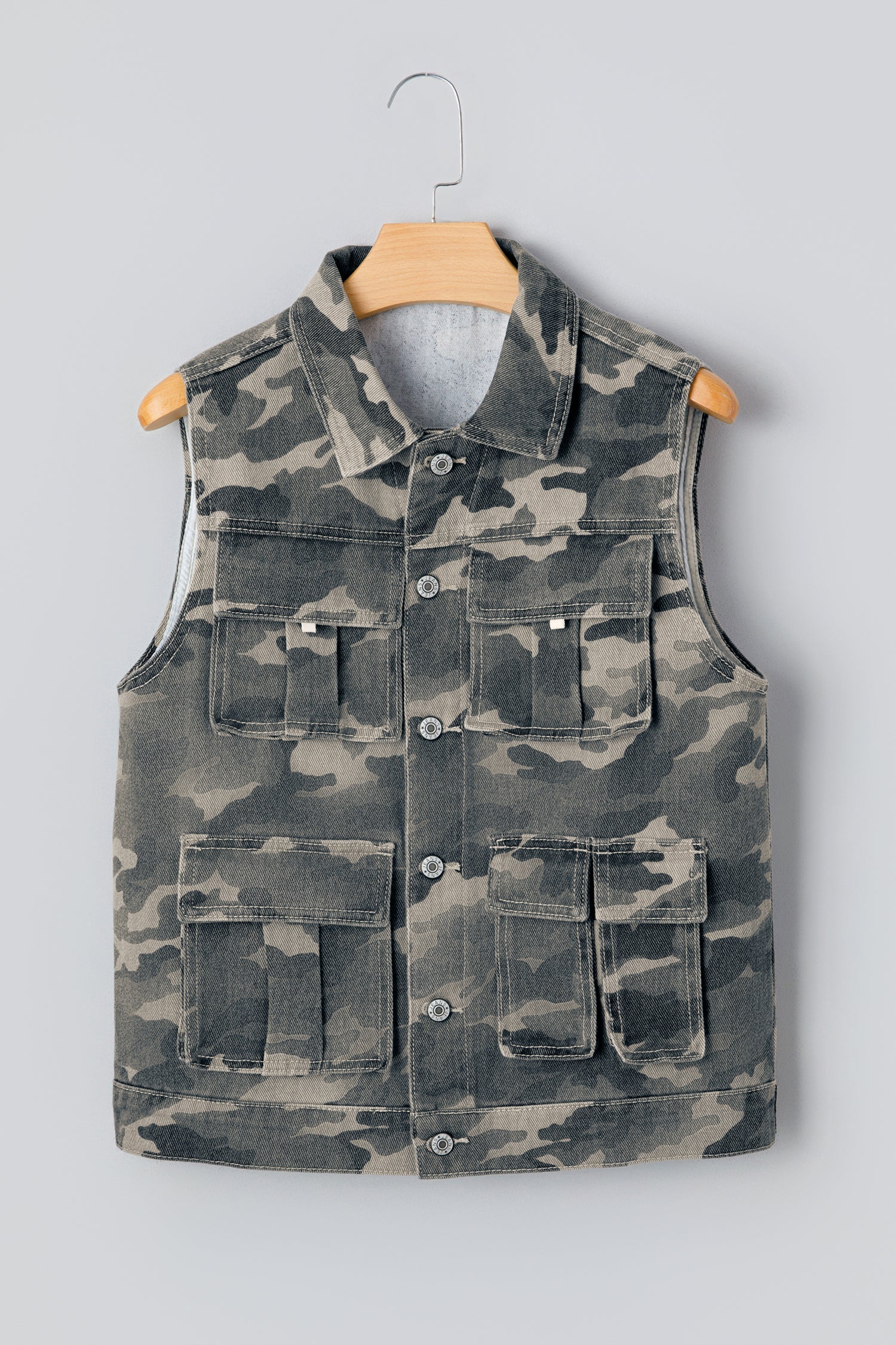 Camo Denim Cargo Pocket Buttoned Vest
