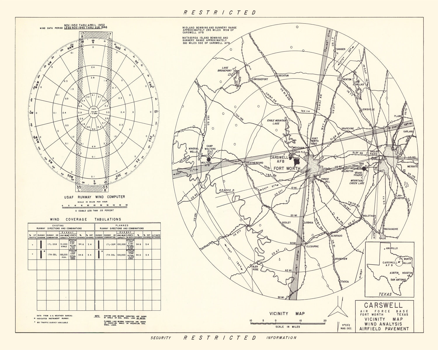 Vintage Map of the Carswell Air Force Base Vicinity, 1952