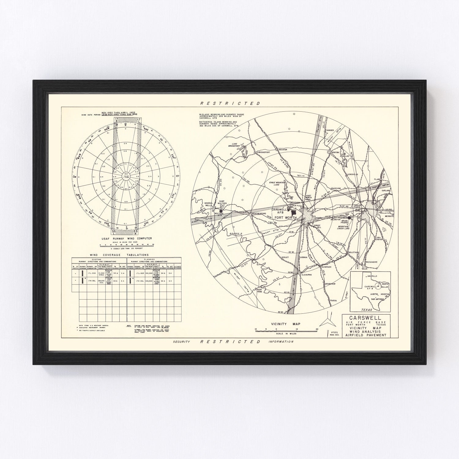 Vintage Map of the Carswell Air Force Base Vicinity, 1952