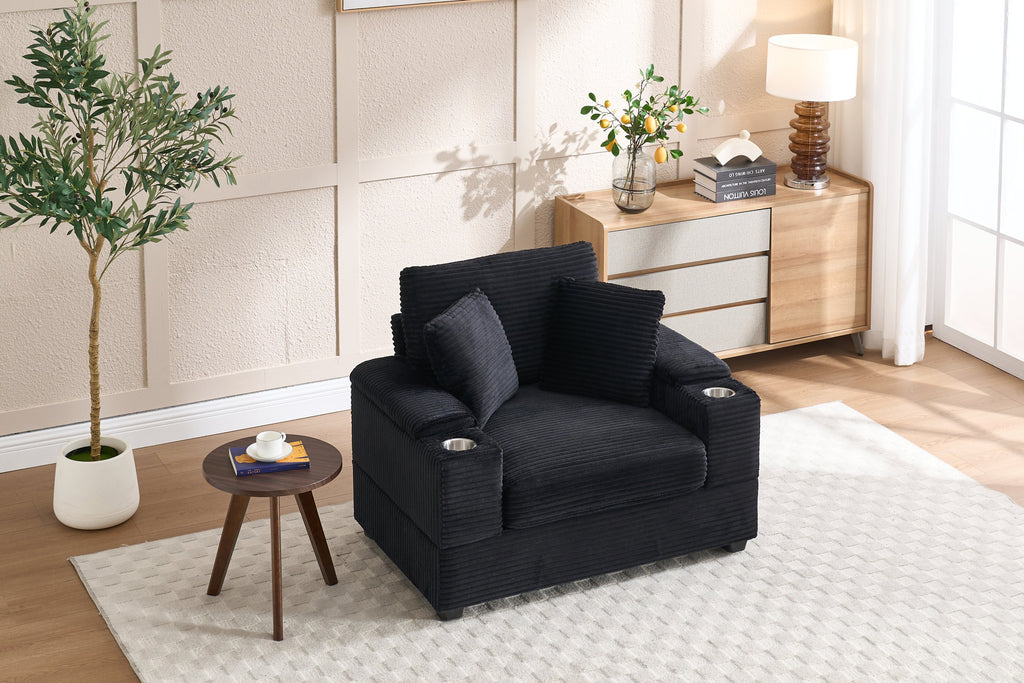 [VIDEO/New]Corduroy Upholstered Chaise Lounge Sofa with Handrail storage,Movable ottoman,Cupholders,Detachable Cushions Deep Seat for Living Room Office,5 colour,Wide stripe corduroy