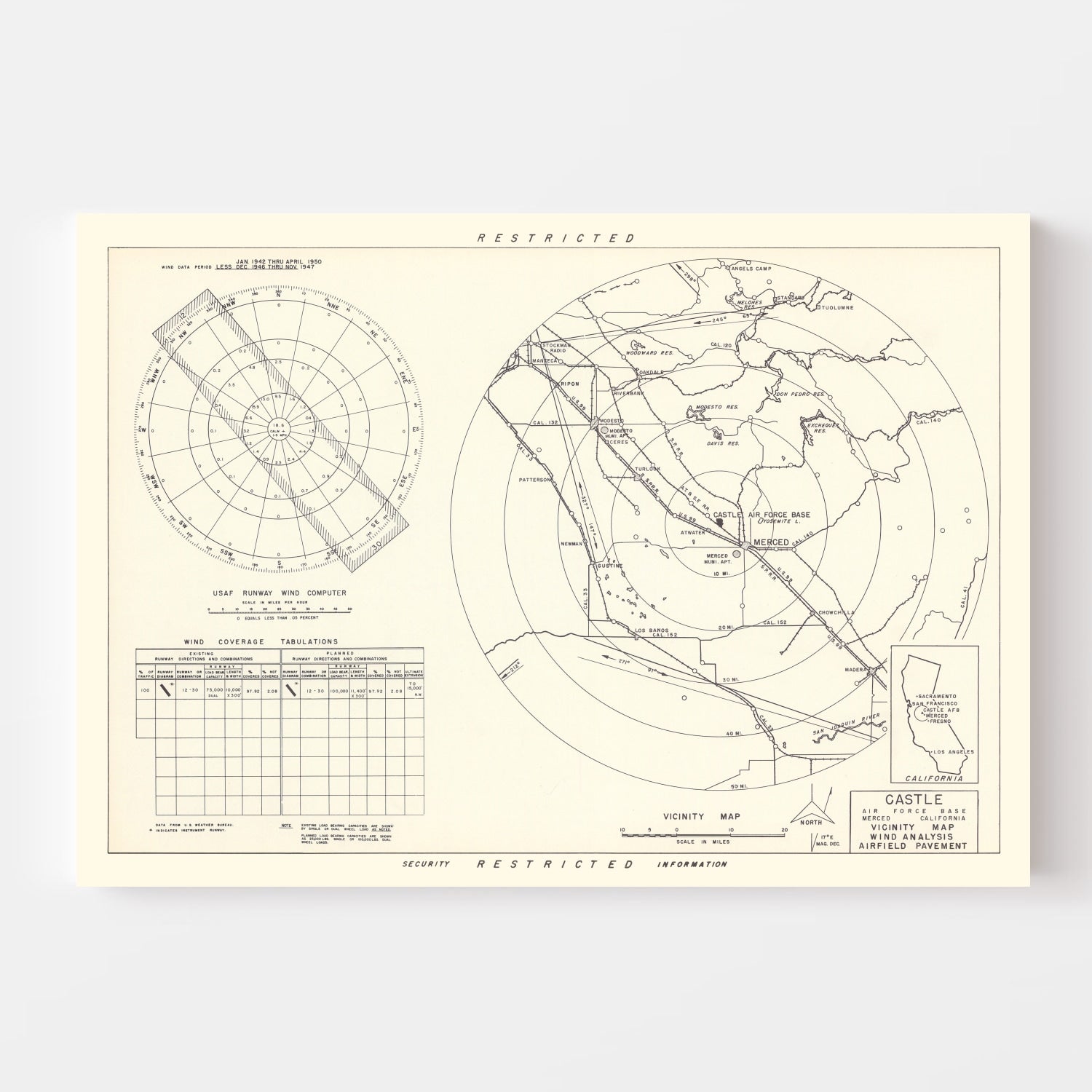 Vintage Map of the Castle Air Force Base Vicinity, 1952