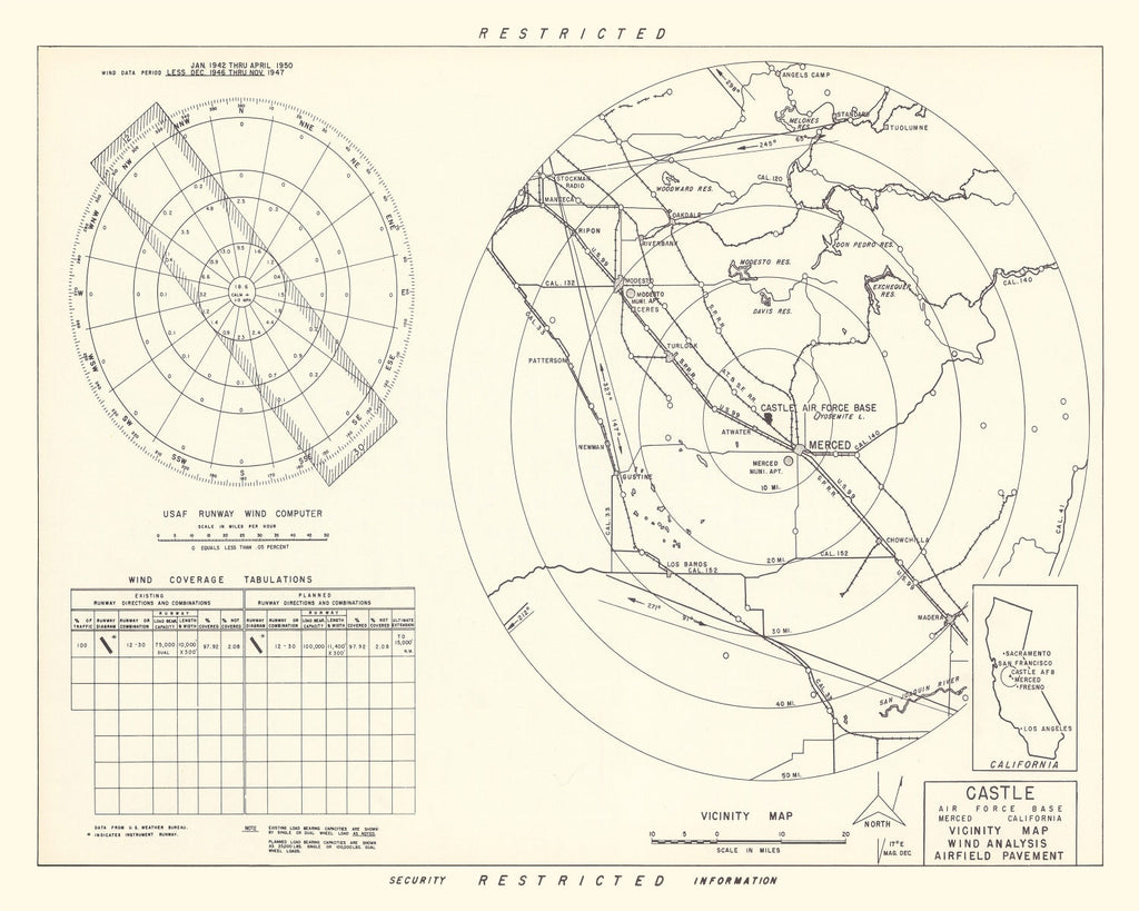 Vintage Map of the Castle Air Force Base Vicinity, 1952