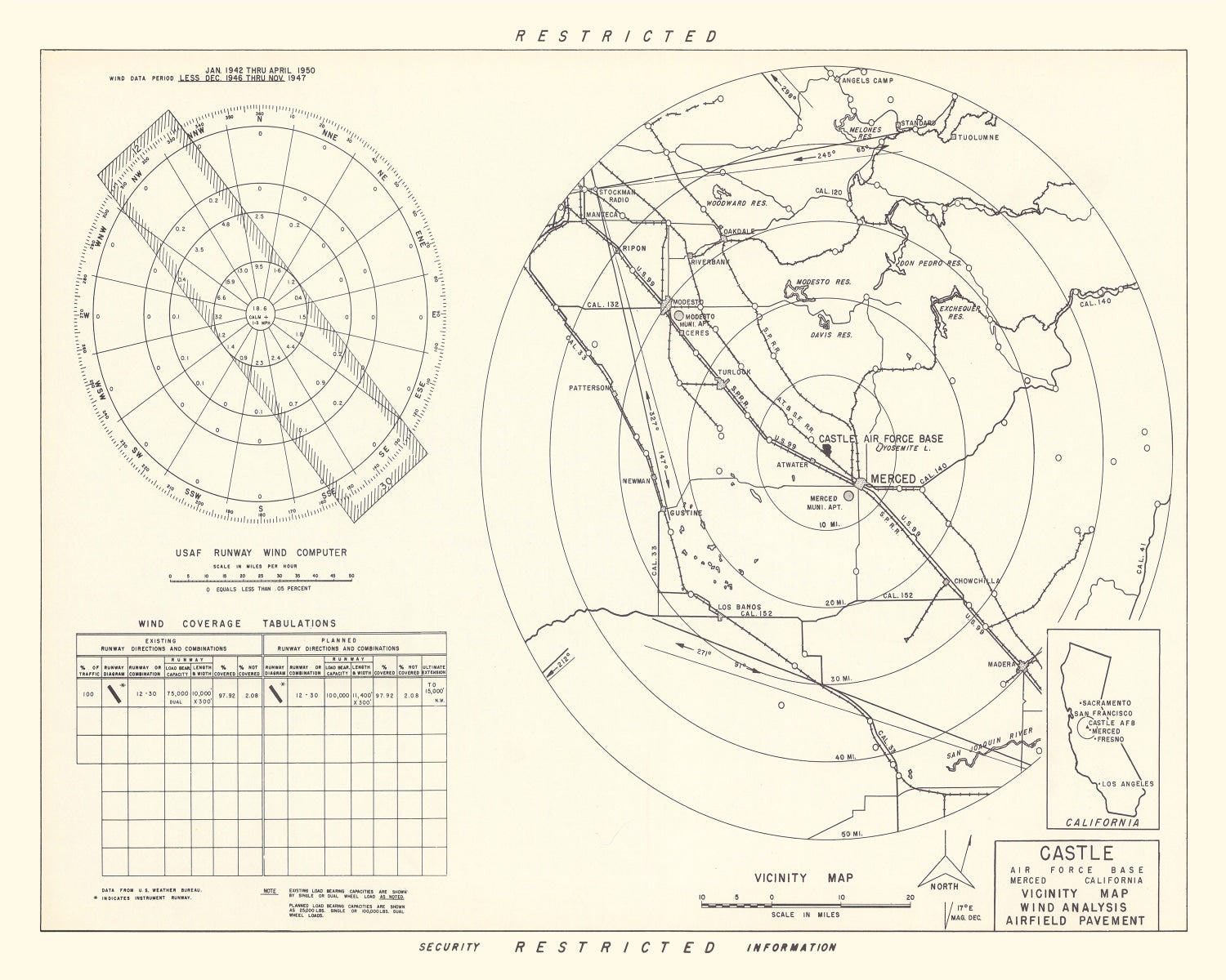 Vintage Map of the Castle Air Force Base Vicinity, 1952
