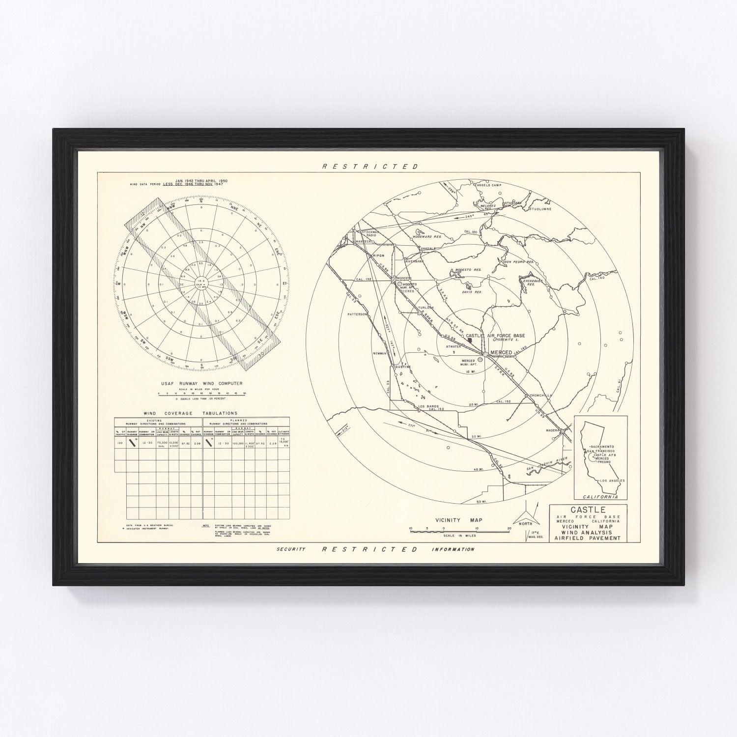 Vintage Map of the Castle Air Force Base Vicinity, 1952