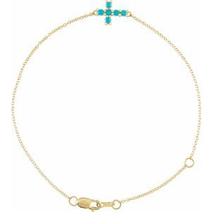 14K Yellow Gold Natural Turquoise Sideways Cross 6 1/2-7 1/2" Bracelet