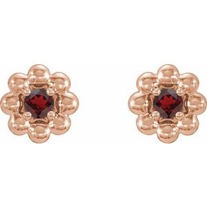 14K Rose Gold Natural Mozambique Garnet Petite Flower Beaded Earrings