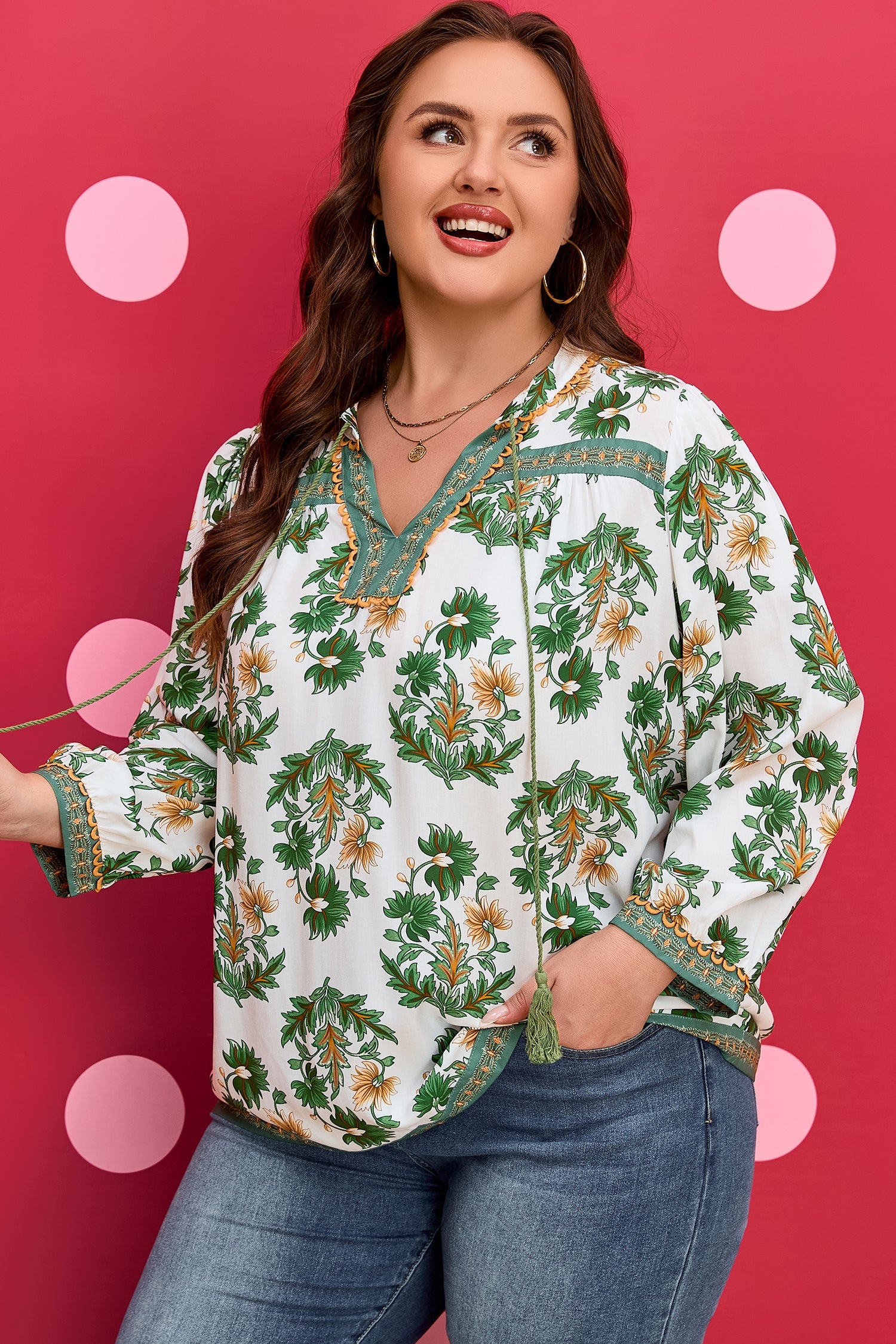 Plus Size Floral Patchwork Tassel Tie Blouse