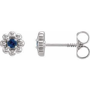 14K White Gold Lab-Grown Blue Sapphire Petite Flower Beaded Earrings