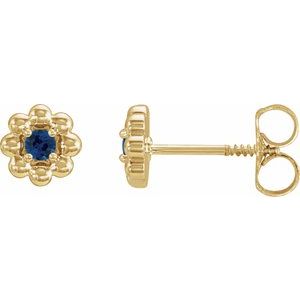 14K Yellow Gold Lab-Grown Blue Sapphire Petite Flower Beaded Earrings