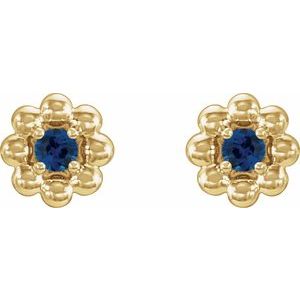 14K Yellow Gold Lab-Grown Blue Sapphire Petite Flower Beaded Earrings – image 2