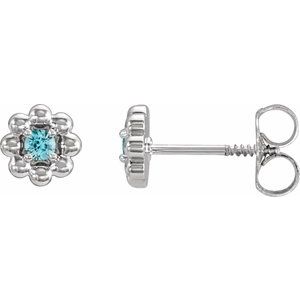 14K White Gold Natural Blue Zircon Petite Flower Beaded Earrings