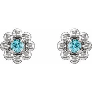 Platinum Natural Blue Zircon Petite Flower Beaded Earrings – image 2