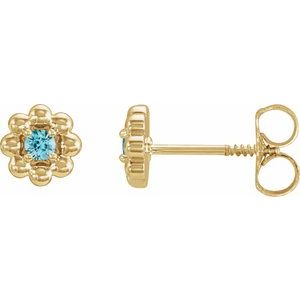 14K Yellow Gold Natural Blue Zircon Petite Flower Beaded Earrings