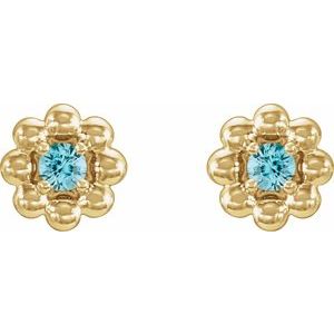 14K Yellow Gold Natural Blue Zircon Petite Flower Beaded Earrings – image 2