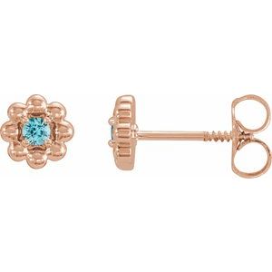 14K Rose Gold Natural Blue Zircon Petite Flower Beaded Earrings
