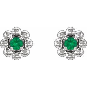 14K White Gold Natural Emerald Petite Flower Beaded Earrings – image 2