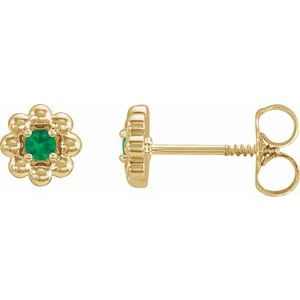 14K Yellow Gold Natural Emerald Petite Flower Beaded Earrings