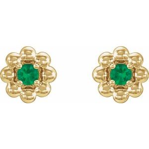 14K Yellow Gold Natural Emerald Petite Flower Beaded Earrings – image 2